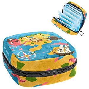 Cartoon Retro Octopus Piraat Avontuur Kaart,Periode Pouch Draagbaar,Tampon Houder voor Portemonnee Vrouwelijke Product Organizer, Meerkleurig, 4.7x6.6x6.6 in/12x17x17 cm