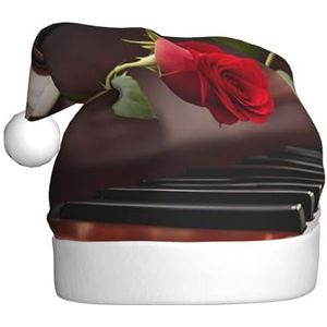 SSIMOO Rode roos op piano pluche kerstmuts voor volwassenen, feestelijke feesthoed, ideaal feestaccessoire voor bijeenkomsten