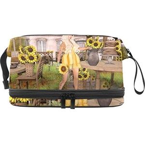 Grote capaciteit reizen cosmetische tas,Make-up tas,Waterdichte make-up tas Organizer, Natuur bloemen met meisje, Meerkleurig, 27x15x14 cm/10.6x5.9x5.5 in