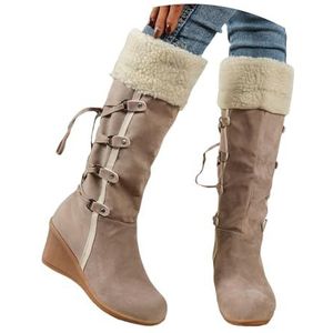 Dames Hoge Laarzen Met Sleehak Suède Lange Schacht Laarzen Herfst Winter Snowboots Vintage Ronde Neus Instappers Grote Maat Katoenen Schoenen for Buiten(Beige,36 EU)