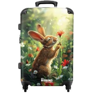 NoBoringSuitcases.com © Reiskoffer Harde koffer Trolley Kinderkoffer Grote koffer Reiskoffer met 4 wielen, TSA-slot (Zijnaanzicht van een konijn met rode bloem), (Middelgroot 67x43x25 cm)