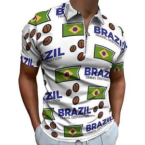 Braziliaanse vlag en koffiebonen poloshirt voor heren, casual T-shirts met ritssluiting en kraag, golftops, slim fit