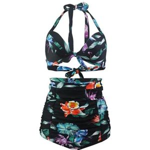 Dames Bikini Set Bandage Bikini's Badpakken Vrouwen Halter Bloemenprint Top Hoge Taille Ruches Bottom 2 Stuks Badmode Conservatieve Strik Bikini Set, C-1912-587861925187, XL