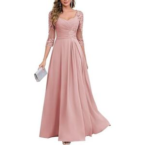 KIYNE Dames kanten applicatie chiffon moeder van de bruid jurken met mouwen V-hals geplooide avond formele jurk, Stoffige Roos, 34