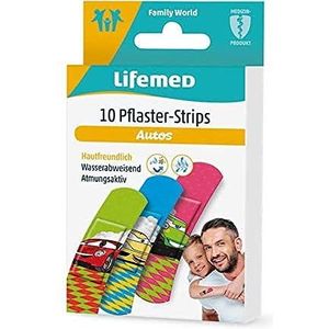 Lifemed - 10 pleisterstrips 6,0 cm x 1,7 cm, met 3 Kids-Like automotieven - in voordelige en praktische 4-delige verpakking met in totaal 40 pleisters auto's.