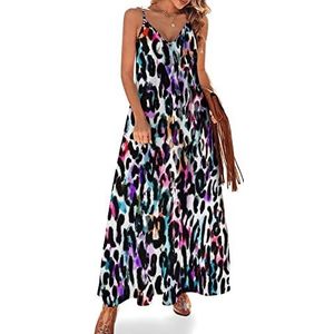 Abstracte luipaard dierenprint vrouwen sling maxi jurken V-hals casual mouwloze verstelbare riem sexy lange jurk