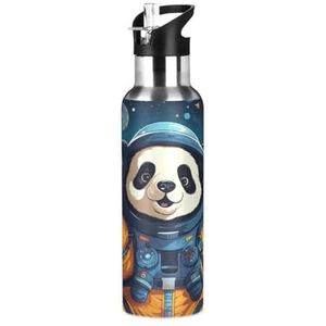 Leuke panda, astronaut ster, sport, waterfles, geïsoleerde roestvrijstalen grote vacuümfles, lekbestendige thermoskan met rietje voor op reis (600 ml/1000 ml)