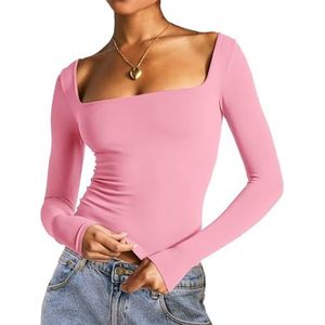 Y2k uitgaan crop tops voor dames, effen kleur, slim fit, tops met lange mouwen, basic blouse, T-shirt, tops, club, streetwear, D-roze, L