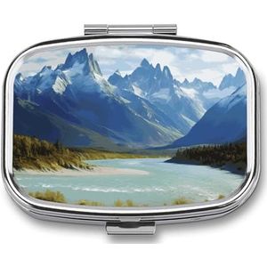 Pillendoos met spiegel 2 compartimenten draagbare bergen en rivieren pillenorganizer voor zak of portemonnee reizen medicijnen pillendoosje wekelijkse geneeskunde pillenhouder voor dagelijkse