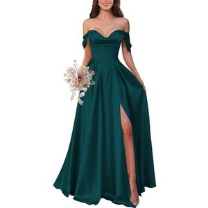 KURFACE Satijnen baljurk voor dames met split geplooide off-shoulder baljurk vloerlengte korset formele avondjurk, Pauw, 32