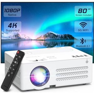TMY Projector met wifi en Bluetooth【80 inch scherm inbegrepen】Native 1080P buitenprojector, 4K ondersteunde draagbare projector, compatibel met iOS/Android/PC/TV-stick/HDMI/USB, gebruik binnen en