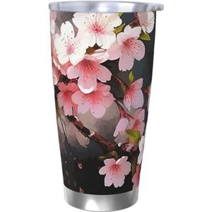 QMNEHJ 20oz roestvrijstalen beker met deksel en rietje, dubbelwandige vacuüm geïsoleerde koffie thermische beker verleidelijke kersenbloesems reizen koffiemok herbruikbare waterfles voor warme en