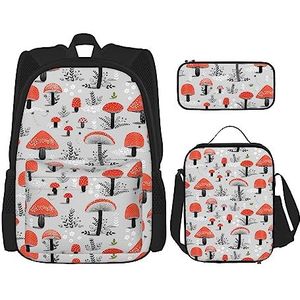 TOMPPY Cartoon paddestoelen bedrukte rugzak set 3 stuks, schooltassen met lunchbox en etui voor primaire, Zwart, Eén maat, Schooltas Set