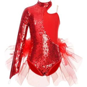 Gymnastiekpak voor kinderen, glanzende pailletten, tule rok, tutu, balletshirt, kinderen, asymmetrische mouwen, gymnastiekbody, danspak, rollerpak voor meisjes van 6 tot 16 jaar (rood, 12)