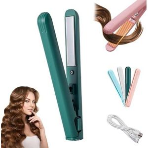 Mini-krultang, dubbel gebruik, kam kleine krullen, mini om te krullen en plat strijkijzer, draagbaar, voor kort haar en alle haartypes (diepgroen)