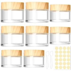 Volhuluk 30 ml 50 ml glazen potjes, 8 stuks lege blikjes, kleine crèmepotjes, lege doos, transparante potjes, crèmehouder met deksel van houtnerf, transparante glazen pot voor cosmetica, lippenbalsem,