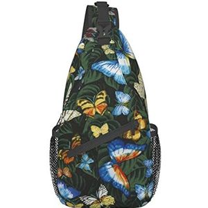 DEHIWI Groene Blad Kleurrijke Vlinder Sling Bag Verstelbare Lichtgewicht Borst Zakken Reizen Wandelen Dagrugzak Voor Mannen Vrouwen, Zwart, One Size