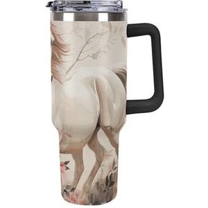 FZQVSGW 40 oz beker met rietje 304 roestvrijstalen waterfles met handvat deksel reismok herbruikbare auto paard afbeelding beker voor thuiskantoor buiten geschikt