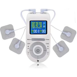 spierstimulator, TENS, EMS en dubbelkanaals-massage, 12 modi voor het verlichten van spierpijn en versterking van de spieren met 8 elektrodenpads