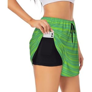 Groene gestreepte print dames hoge taille atletische workout shorts tweelaagse gym shorts casual comfortabele sport shorts, Zwart, L