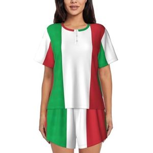 Italië vlag print dames zomer zachte tweedelige bijpassende outfits korte mouw pyjama lounge pyjama sets, Zwart, 3XL