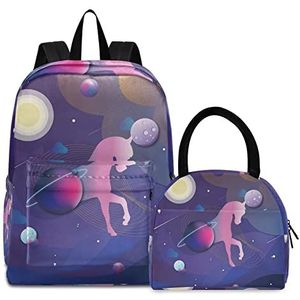 Raumgalaxie Blauwe eenhoorn boekentas lunchpakket set schouderrugzak boekentas kinderrugzak geïsoleerde lunchbox-tas voor meisjes jongens, Patroon., Medium