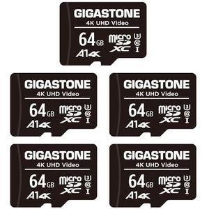 Gigastone 64GB 5-pack micro SD geheugenkaart, SDXC A1 UHS-I U3 klasse 10, 90/25 MB/s lees- en schrijfsnelheid, 4K UHD video, geschikt voor Nintendo Switch, beveiligingscamera, GoPro action cam, Compactcamera’s, DJI drone, micro sd card