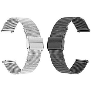 Milanese Horlogeband 2 Stuks, 10MM 12MM 14MM 16MM 17MM 18MM 19MM 20MM 21MM 22MM Horlogeband Met Snelle Ontgrendeling Voor Heren Dames Smartwatch (Color : Silver+Black, Size : 16MM)