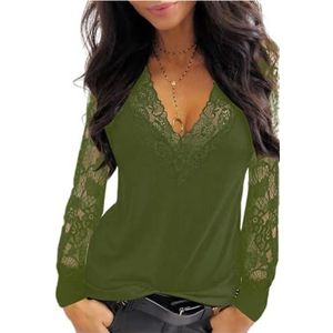 Dames Blouse D-groen - Lange Mouw - V-hals - Kant Trim - Casual Tuniek