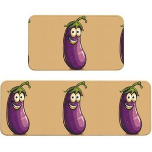 Cartoon aubergine kerst keuken matten, 2 stks gewatteerde keuken matten voor vloer, antislip mat voor keuken, vloer
