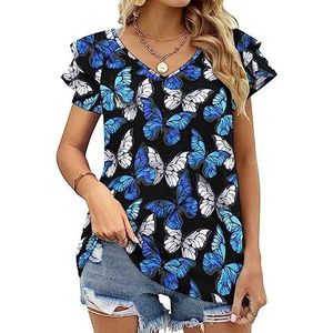 Blue Butterflies Casual tuniek tops ruches korte mouwen T-shirts V-hals blouse T-shirt