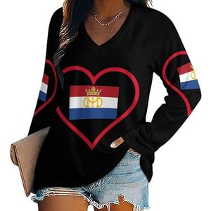 I Love Netherlands Rood Hart Dames Lange Mouw V-hals T-shirts Herfst Tops Trui Tuniek Tee voor Leggings