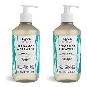 I Love Naturals Bergamot & Seaweed Hand Wash, Natural Oils Of Orange & Basil, Gently Removes Impurities, Refreshing & Cleansing Formula, 100% Recycled Bottle & Vegan-Friendly - 2 x 500ml