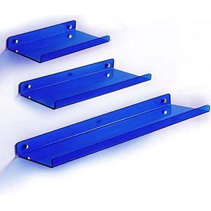 Zwevende acryl wandplanken， Moderne zwevende wandplanken van acryl, eenvoudige installatie, ruime, doorzichtige planken for badkamer, keuken, slaapkamer, decor, set van 3(Blue)