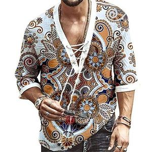 GROBTE Heren Gedrukt V-hals Shirt Casual Mode Korte Mouw Strand Trekkoord Zomer Tops Voor Mannen 2024, Wit, S