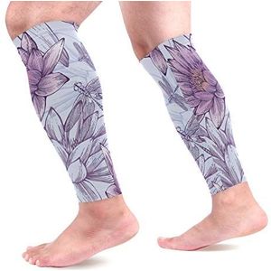 EZIOLY Waterlelies en libellen Sport Kalf Compressie Mouwen Been Compressie Sokken Kalf Guard voor hardlopen, fietsen, moederschap, reizen, verpleegkundigen