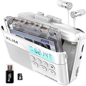 KLIM K7 Cassette Tape Player - Cassette naar MP3 Converter - Draagbare Speler - Tape Recorder met Ingebouwde Microfoon & Speaker - Oplaadbare Batterij - Oortelefoon - 16GB SD-kaart - Wit