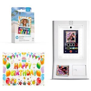 HP Sprocket Fotohokje Instant kleurenfotoprinter (Wit) + Zinkpapier (100 vellen) + Verjaardagsfotoachtergrond (1)