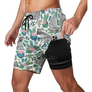 Cartoon Koala Bloemen Tuin Heren Zwembroek Sneldrogend 2 in 1 Strand Sport Shorts met Compressie Liner En Pocket