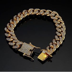 Man's Hip Hop Punk Pave Rhinestone Cubaanse Link Collier Vrouwen Bling Full Miami Curb Gold Chain Rapper Sieraden Geschenken-Gold Bracelet,18inch