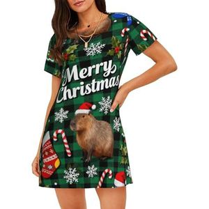 Zelinge Korte Mouw Nachthemd Nachtshirt Slaap Shirts Dames Nachtkleding S-3XL, Grappige Kerst Capibara Groen, S