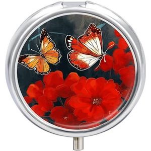 Draagbare pillendoos pillendoos met spiegel, rode bloemen en vlinders bedrukt 3 compartimenten kleine pillenorganizer lichtgewicht reispillendoos voor vrouwen mannen creatieve geschenken