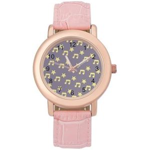 Gele Muziek En Ster Vrouwen Lederen Band Elegante Dame Horloges Casual Band Drie Hand Horloge