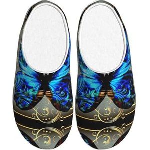 EdWal Blauwe Vlinderprint Winter Warme Slippers Indoor Anti-slip Pluche Slippers Ontspannen Thuis voor Vrouwen Mannen, Zwart, 37.5 EU