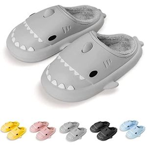 Chagoo Shark Slides voor de winter, pluizige pluche haaienslijbanen, winterslippers met haaien, antislip, zachte comfortabele wolkhaaienpantoffels (EU 42/43, grijs)