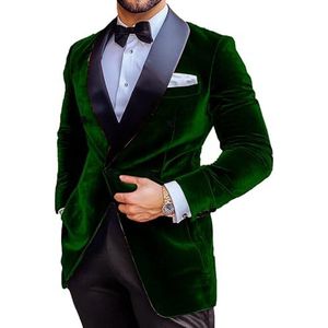 Heren fluwelen pak blazer slim fit kerst jas prom smoking jas inkeping revers bruiloft feest gekleed, Donkergroen, XS