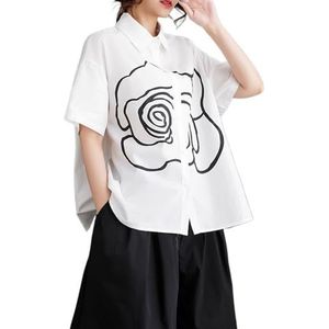 2024 Zomer Dames Oversized Bloemenprint Shirt Tops Revers Halve Mouw Knoopsluiting Losse Flowy Casual Blouse(Color:White)