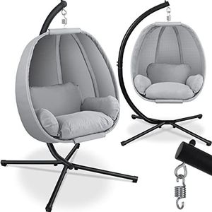 KESSER® Luxe hangstoel met frame + zacht zitkussen, zijbekleding, zit- en rugkussen, hangmand voor binnen en buiten, tuinschommelmand, hangstoel, stabiele voet, max. 150 kg Grijs