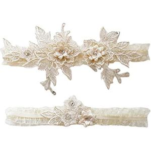 Bruids Kousenband 2 stks Sexy Kant Bloem Steentjes Parels Bruiloft Kousenband Riem Elastische Dij Been Kousenband Ring voor Vrouwen, Beige, As Description