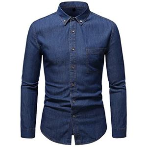 FAWHEWX Heren Denim Shirt Katoen Lange Mouw Utility Button Up Top Heren Mode Slim Casual Katoen Wassen Denim Lange Mouw Jurk Shirt Heren Regular Fit Lange Mouw Chambray Shirt, B-blauw (a), XL